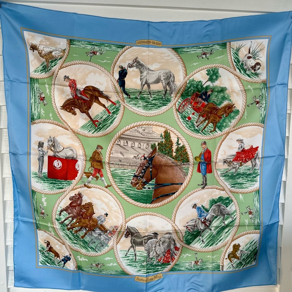 🔹Hermes 100% silk scarf Auteuil en Mai By Parcevaux blue green horses shawl wrap